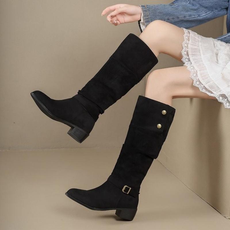 Vintage Fashion Online - 여성용 스웨이드 슬라우치 롱부츠, 빈티지 무릎기장