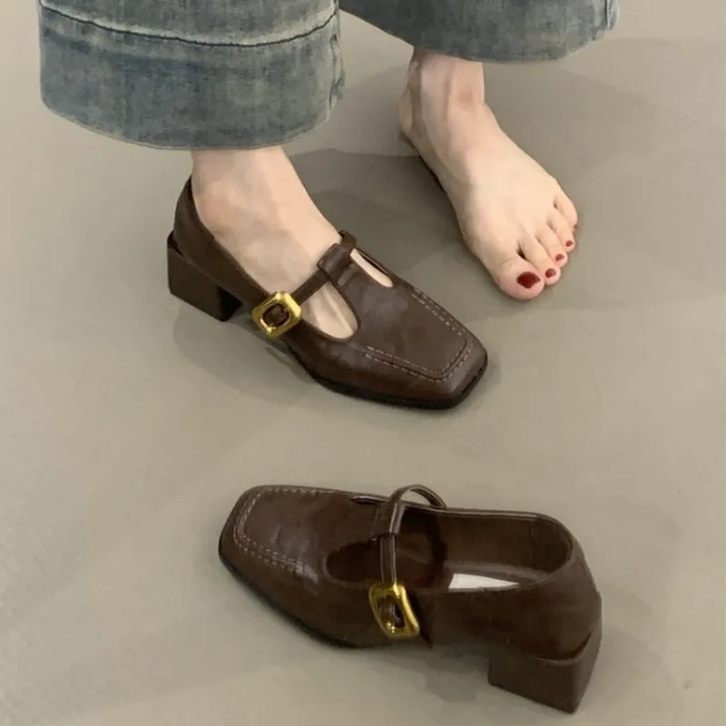 여성용 사각 앞코, T자 스트랩, 메리 제인 스타일,  - Vintage Fashion Dresses 리뷰 및 가격